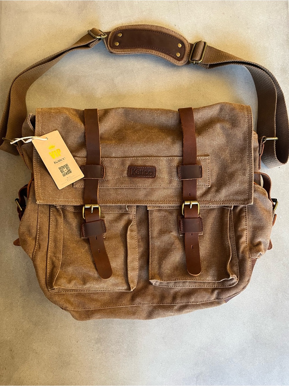 Kattee Brown Canvas & Leather Messenger Shoulder Bag With Adjustable Strap NWT